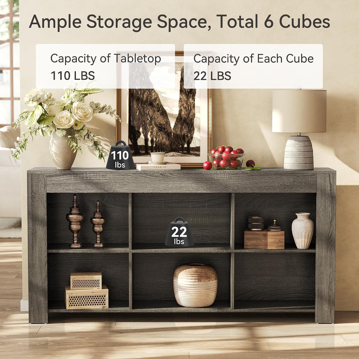 LITTLE TREE Console Table with Storage, 63-Inch Long Sofa Table, Entryway Table with Cubes, Farmhouse Storage Shelves for Entryway, Living Room, Grey + Black