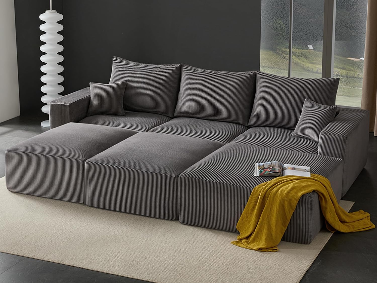 Gericco 113' Modular Sectional Couch, Cloud Boneless Sofa with Deep Seats, Upholstered Corduroy Sofa Bed with Loung Chaise, 3-Seater Couches for Living Room, No Assembly Required, Grey
