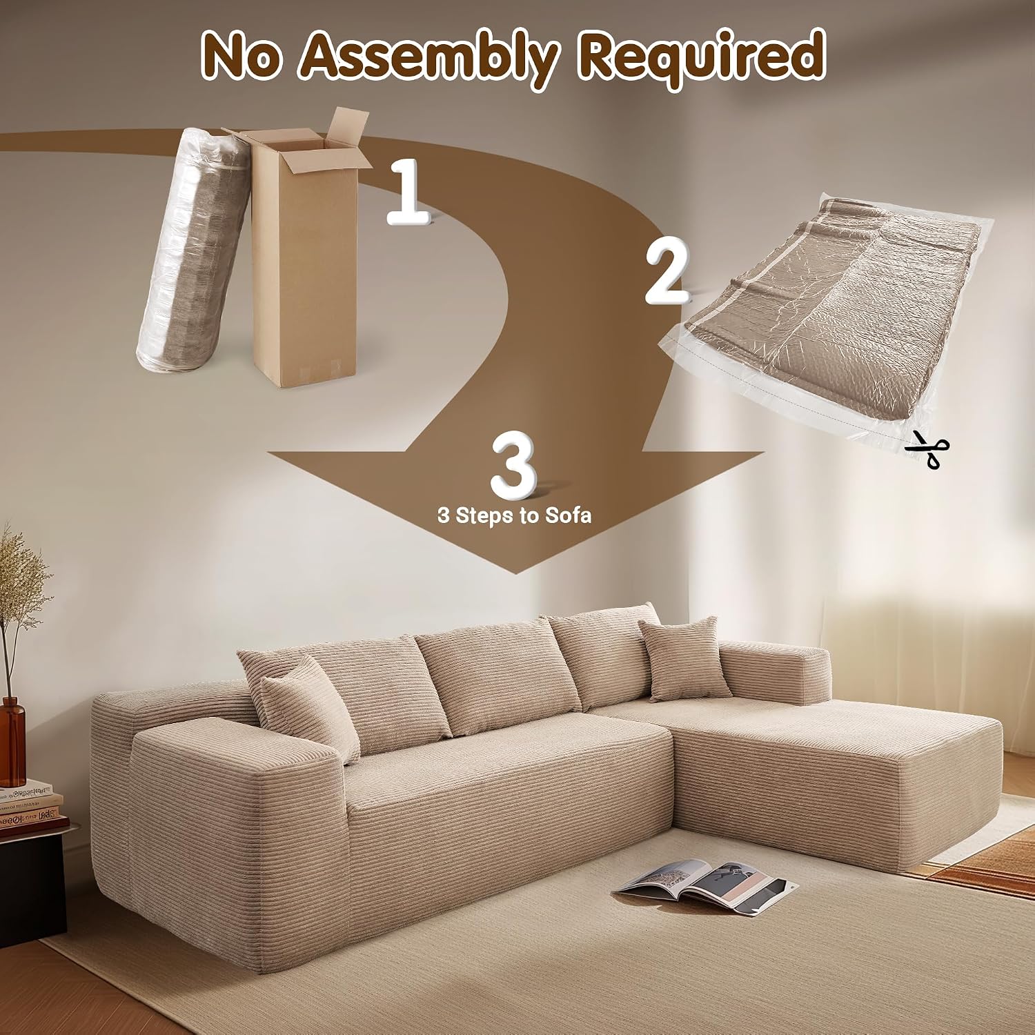 ovios 104' Cloud Boneless Couch with L-Shape Chaise,Modern Sectional Modular Sofa with Deep Seat, Upholstered Couches for Living Room Bedroom,No Assembly Required, Camel (Corduroy Fabric)