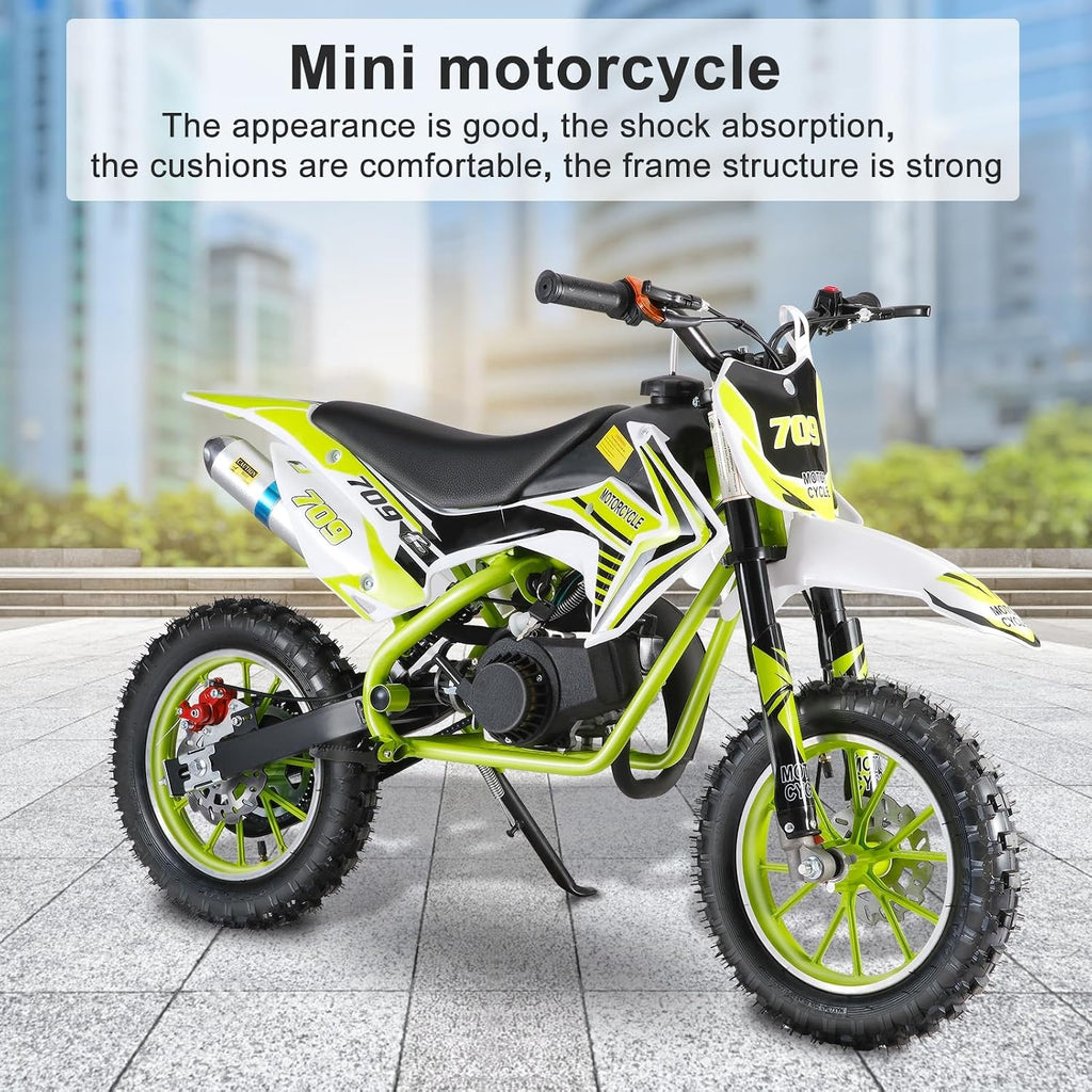 50cc Kids Dirt Bike | Gas Powered Mini Motorcycle for Ages 8-14 with 10' Off-Road Tires & Front-Rear Disc Brakes Green B