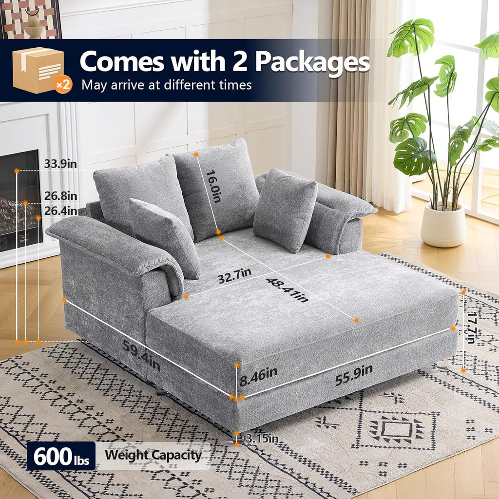 VINGLI Modern Floating Chaise Lounge Chair with Acrylic Legs, Upholstered Cushion Deep Seat Lounge Sofa with Iron-Wood KD Frame, Pillow Armrest, Accent Chair for Living Room, Play Room Apartment