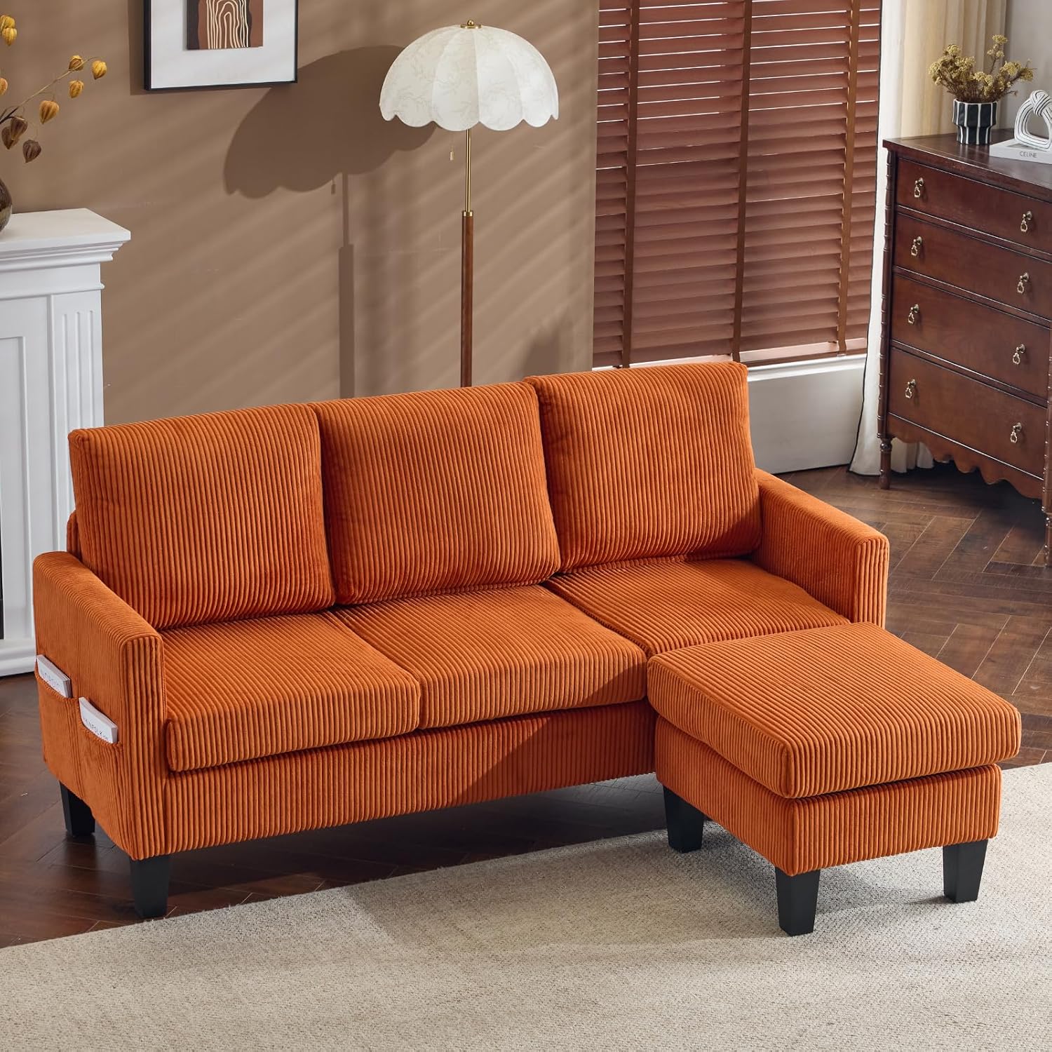 Karl home Small Sectional Couch L Shaped Sofa with Movable Storage Ottoman Corduroy Upholostered Sofa Chaise with Side Pockets for Living Room, Apartment, Studio, Orange
