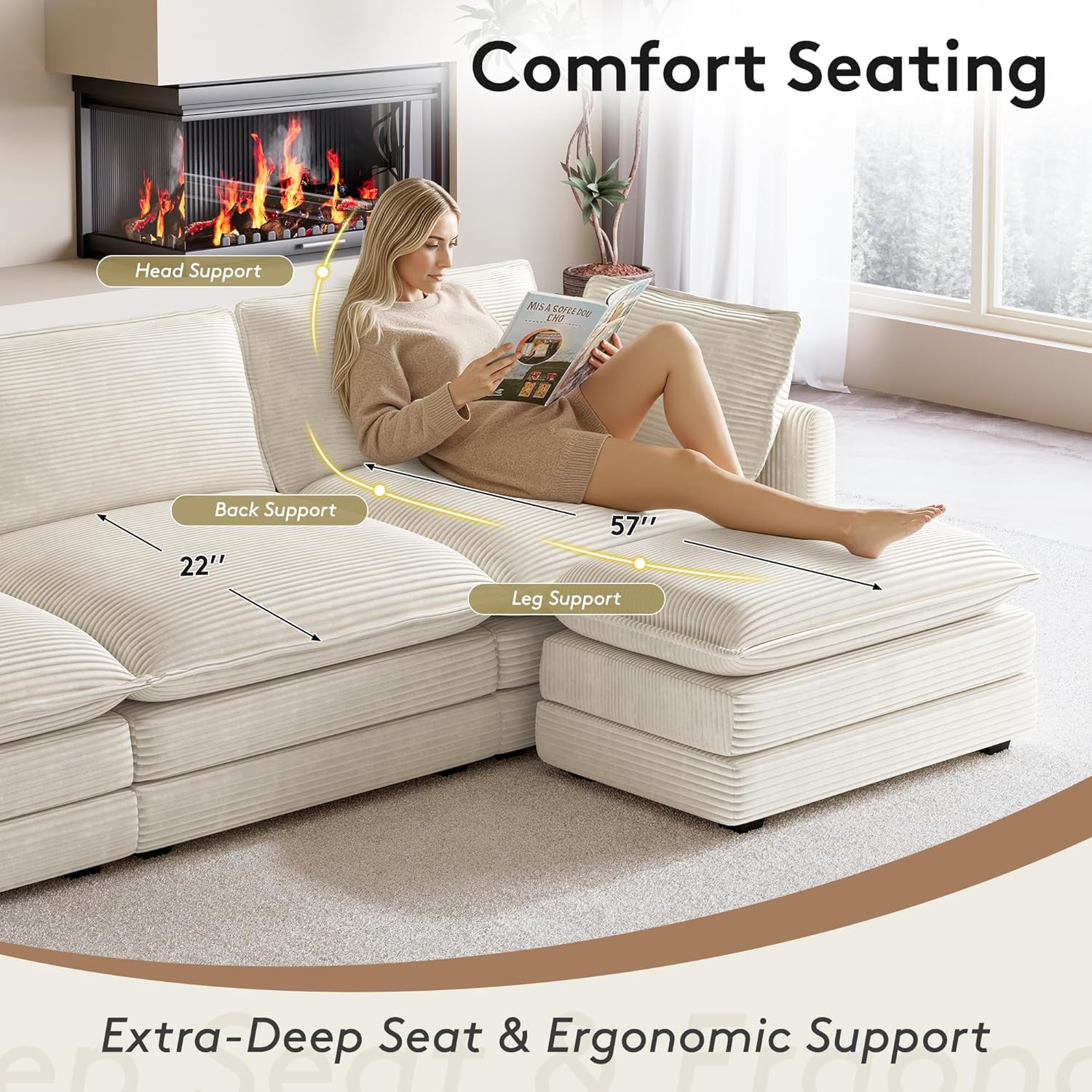GRUSIGN 104' Modern Modular Sectional Sofa for Living Room, 4-Seat Deep Seat Couch with Movable Ottoman, L-Shaped Corduroy Sofa in Beige for Living Room, Cloud Couch Sectional Set for Bedroom