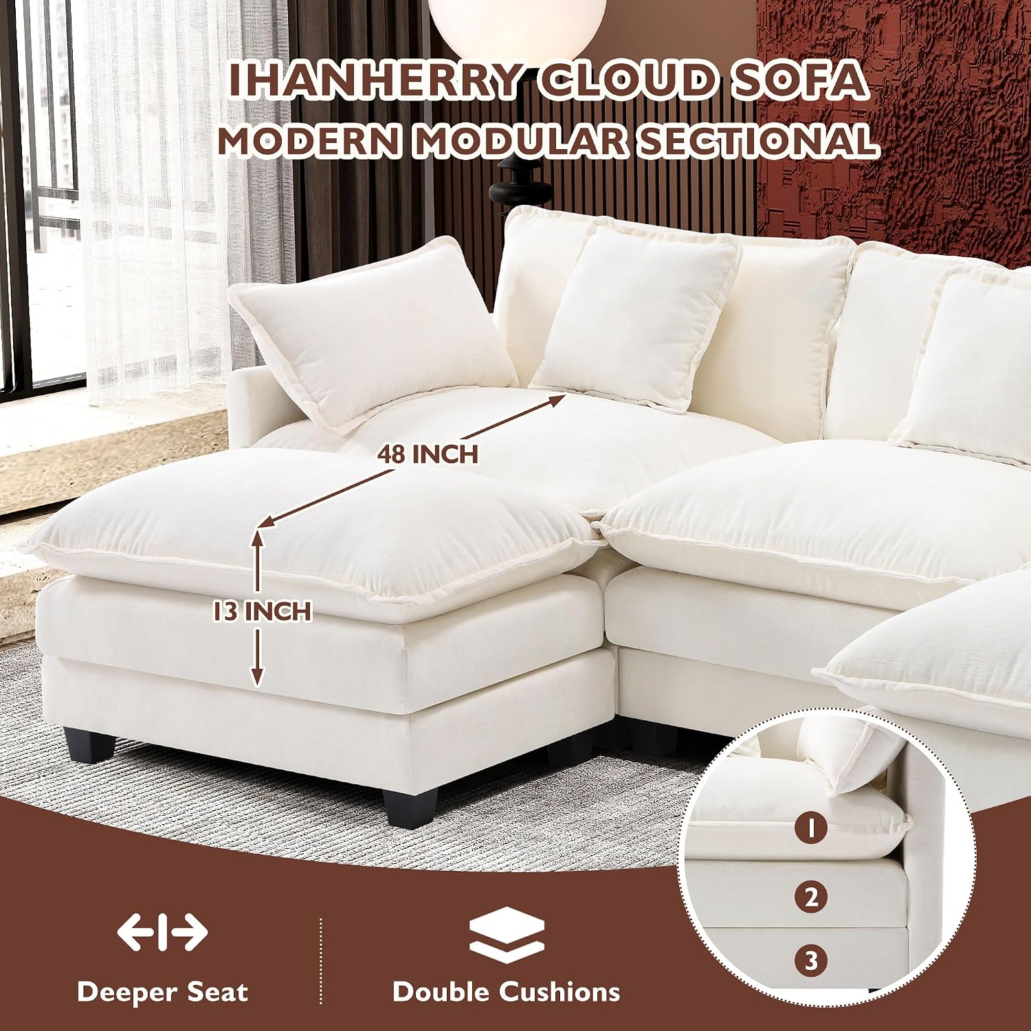 Ihanherry 111.4' U Shaped Cloud Couch Modern Modular Sectional Sofa with 2 Ottoman, 5-Seat Chenille Deep Seat Sofa with 5 Pillows for Living Room, Bedroom and Apartment, Beige