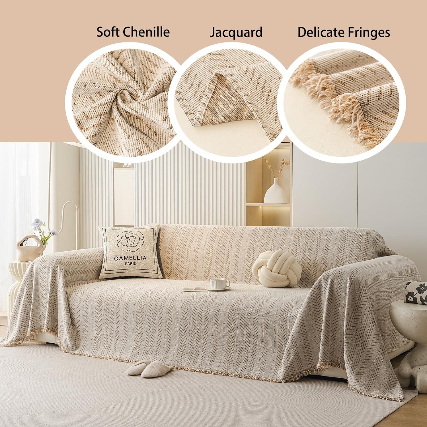 Chenille Sofa Throw Blanket with Herringbone Pattern and Tassel Edges, Thick & Soft Couch Cover, Machine Washable, Anti-Slip, Pet-Friendly, Fits 3/4-Seater (Beige, 71″x165″)