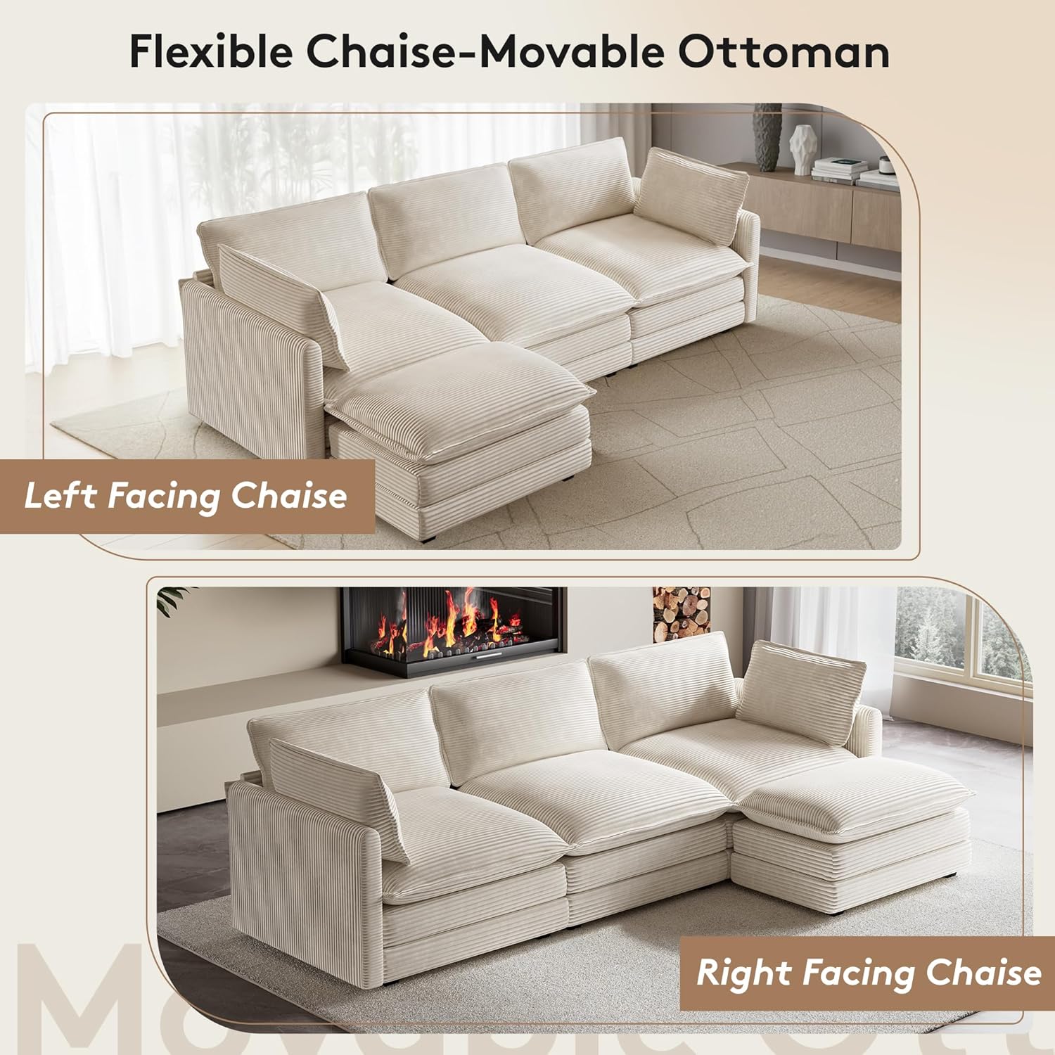 GRUSIGN 104' Modern Modular Sectional Sofa for Living Room, 4-Seat Deep Seat Couch with Movable Ottoman, L-Shaped Corduroy Sofa in Beige for Living Room, Cloud Couch Sectional Set for Bedroom