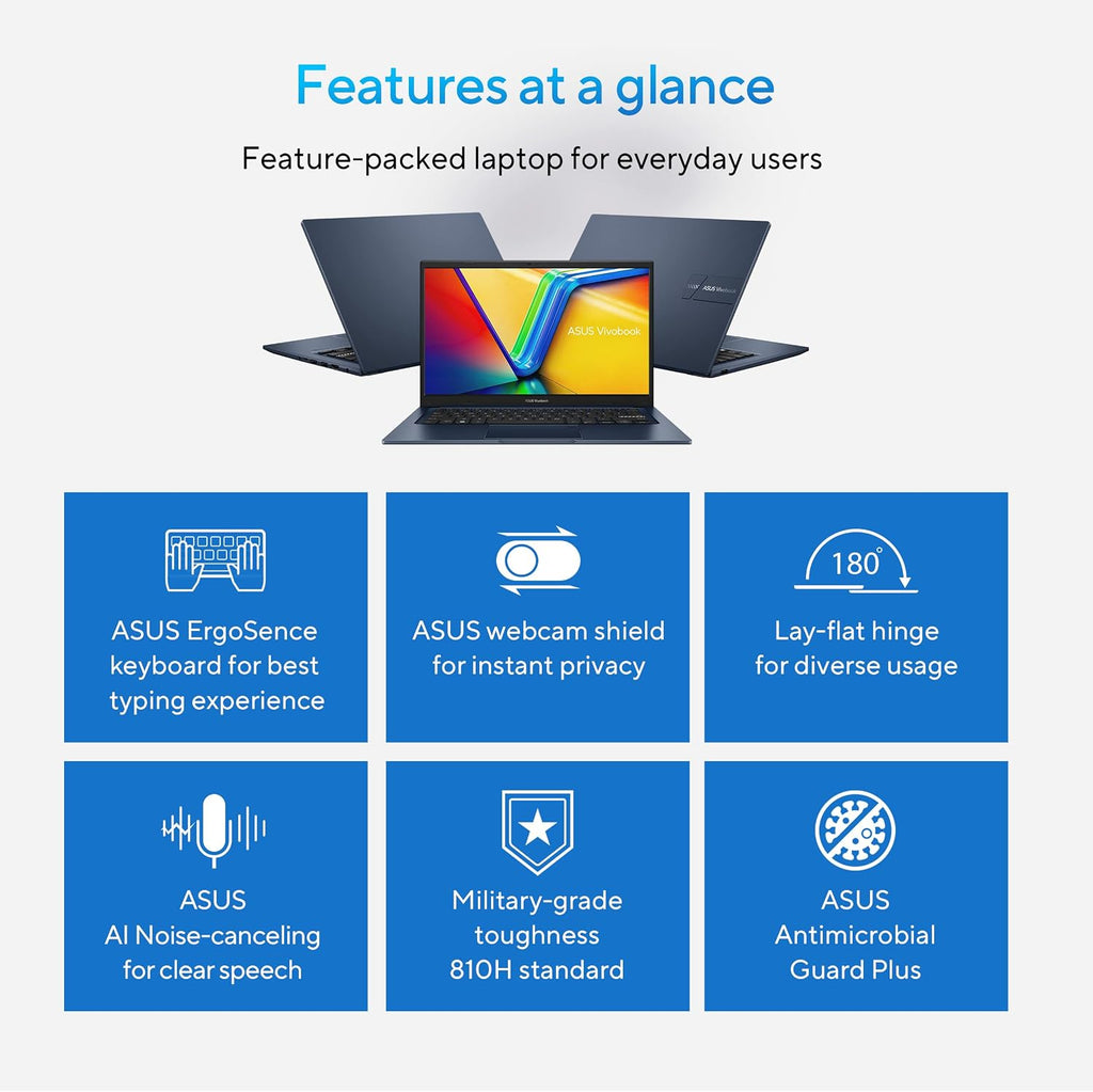 ASUS 2023 Vivobook 14 Laptop, 14' FHD (1920 x 1080) Display, Intel Core i5-1235U CPU, Intel Iris Xᵉ Graphics, 8GB RAM, 256GB SSD, Windows 11 Home, Quiet Blue, F1404ZA-AS51