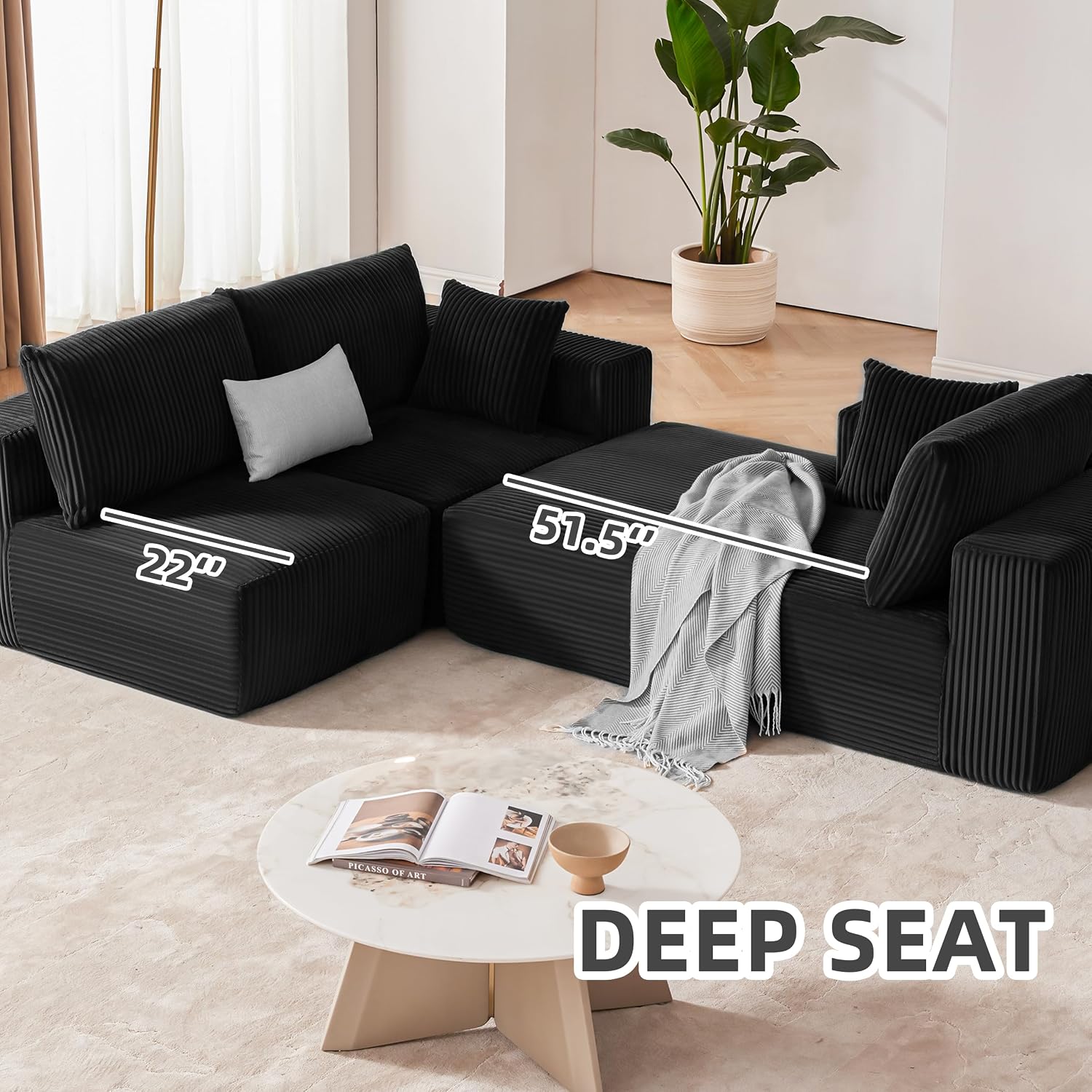 108' Modular Sectional Sofa, Cloud Sectional Couch with Deep Seat, Upholstered Boneless Couches for Living Room Bedroom, Modern Modular L-Shape Sofa Couch with Chaise (Left Facing Chaise, Black)