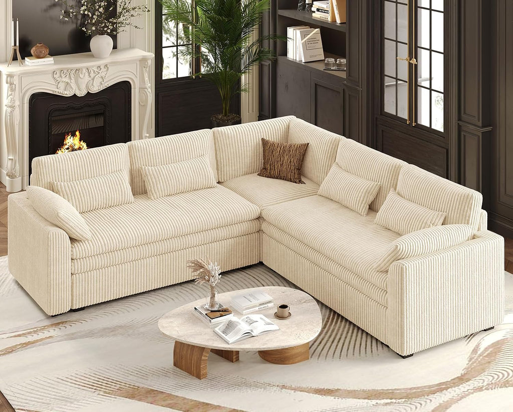 Belffin Large Modular Sectional Sofa with Double 61' Loveseat, Corduroy Corner Couch with 9' Soft Dual-Layer Seats Cushion for Living Room, Apartment, Small Sapce, Beige