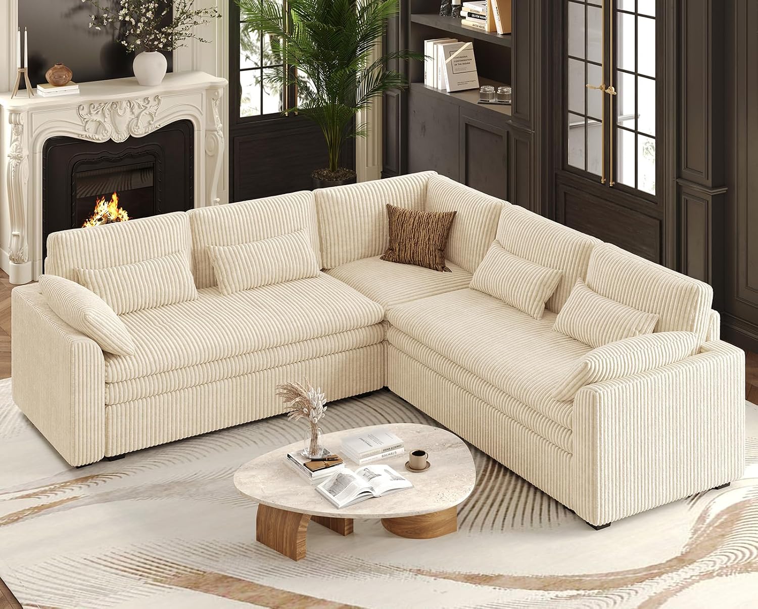 Belffin Large Modular Sectional Sofa with Double 61' Loveseat, Corduroy Corner Couch with 9' Soft Dual-Layer Seats Cushion for Living Room, Apartment, Small Sapce, Beige