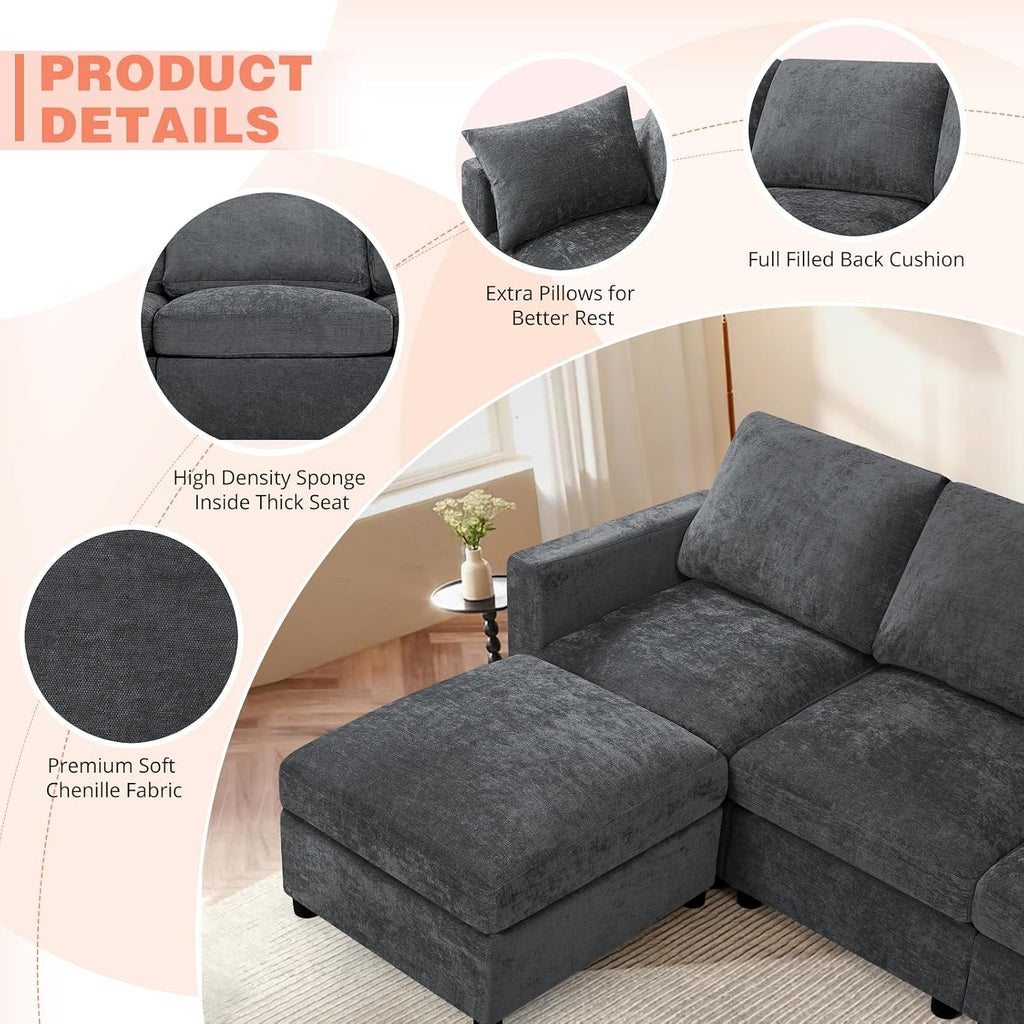84' Chenille 3-Seats Sofa W/Movable Ottoman, Modern Fabric L-Shaped Couch w/Soft Backrests, Upholstered Sectional Sofa w/Arm Pillows for Living Room, Office, Grey