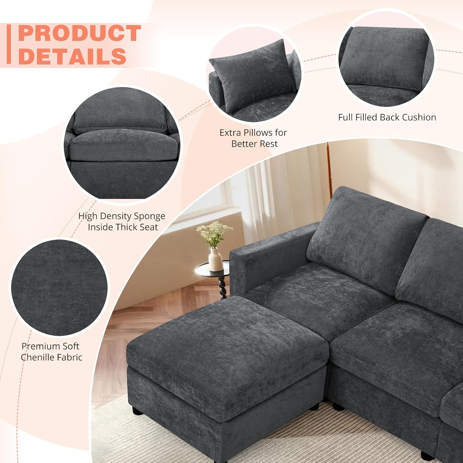 84' Chenille 3-Seats Sofa W/Movable Ottoman, Modern Fabric L-Shaped Couch w/Soft Backrests, Upholstered Sectional Sofa w/Arm Pillows for Living Room, Office, Grey