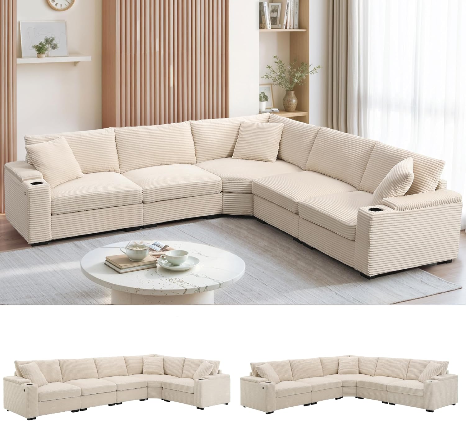 Merax 106' Corduroy Sectional Corner Sofa with Cup Holders & USB Charger, 5 Seat Convertible L Shaped Couch Set with Armrest Storage, Oversized Comfy Modular Sofabed for Living Room & Apartment, Beige