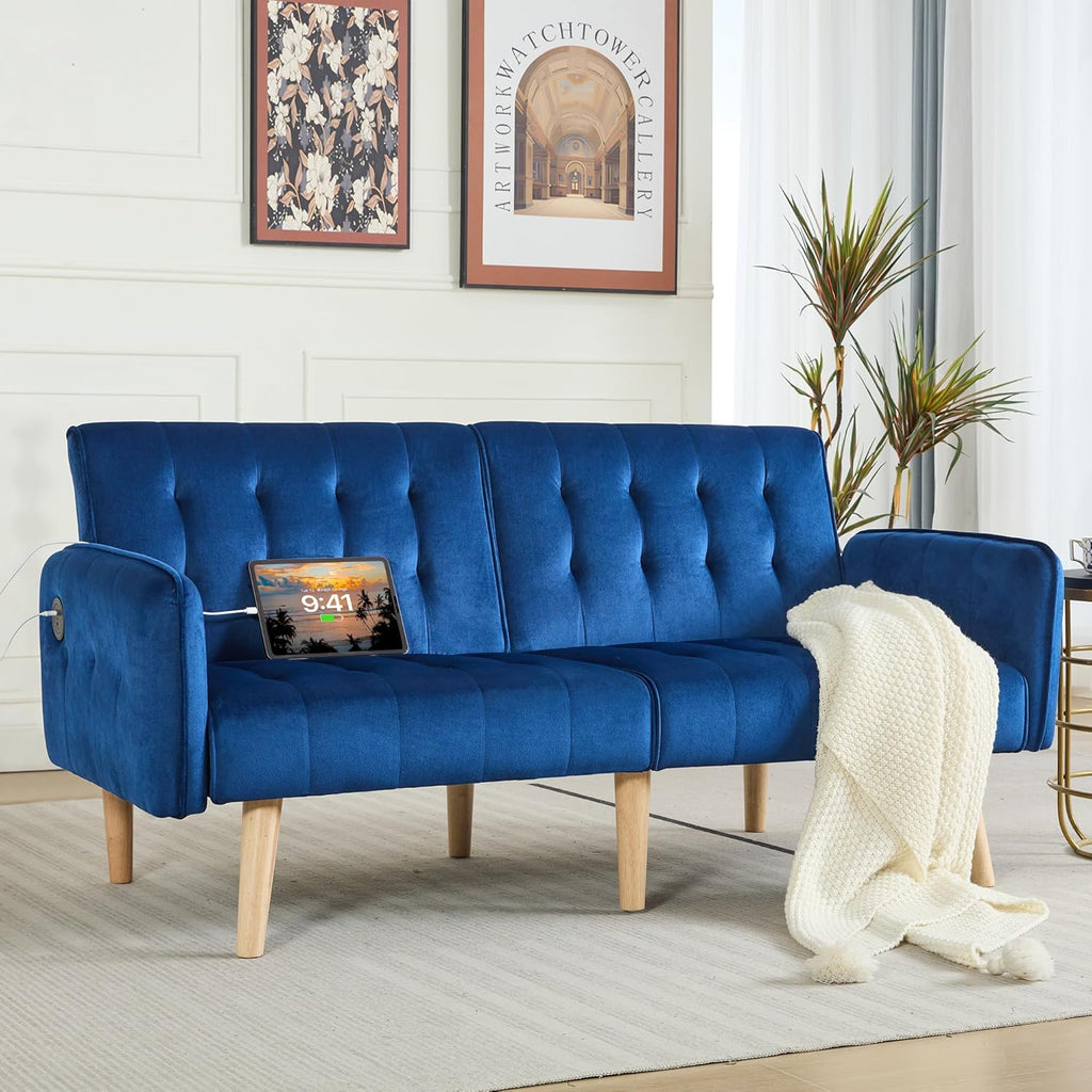 TYBOATLE 62.99' W Velvet Modern Convertible Folding Futon Couch Sofa Bed w/ 2 USB Charging Ports for Compact Living Space, Small Couches for Office, Dorm, RV Room, Apartment, Bedroom (Navy Blue)