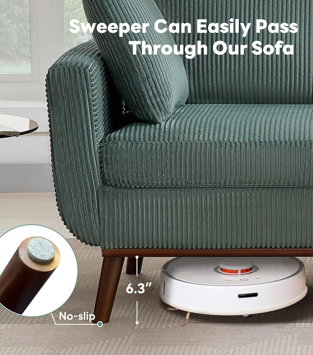 Kingfun 65' Corduroy Love Seat with Spring Cusions, Mid Century Modern Loveseat Sofa for Livingroom & Bedroom, Comfy Upholstered Small Couch, Green