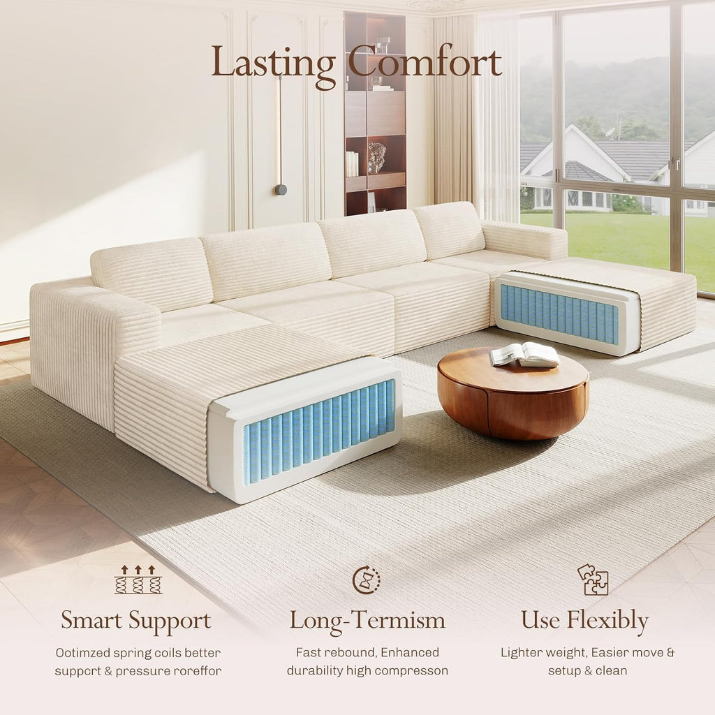 Vesgantti 159' Large Modular Sectional Sofa, U-Shaped Corduroy Cloud Couch with Deep Seats & Spring Support, 4-Seater Boneless Sofa with 2 Movable Ottomans, No Assembly Needed, Beige