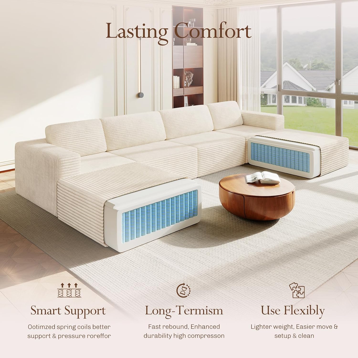 Vesgantti 159' Large Modular Sectional Sofa, U-Shaped Corduroy Cloud Couch with Deep Seats & Spring Support, 4-Seater Boneless Sofa with 2 Movable Ottomans, No Assembly Needed, Beige