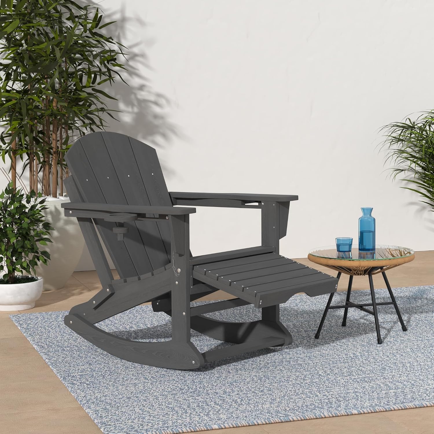KINGYES Adirondack Rocking Chair Set of 4 with Retractable Ottoman and Cup Holders, HDPE Adirondack Rocker Patio Rocking Chair for Porch, Patio, Balcony, Leaden Grey