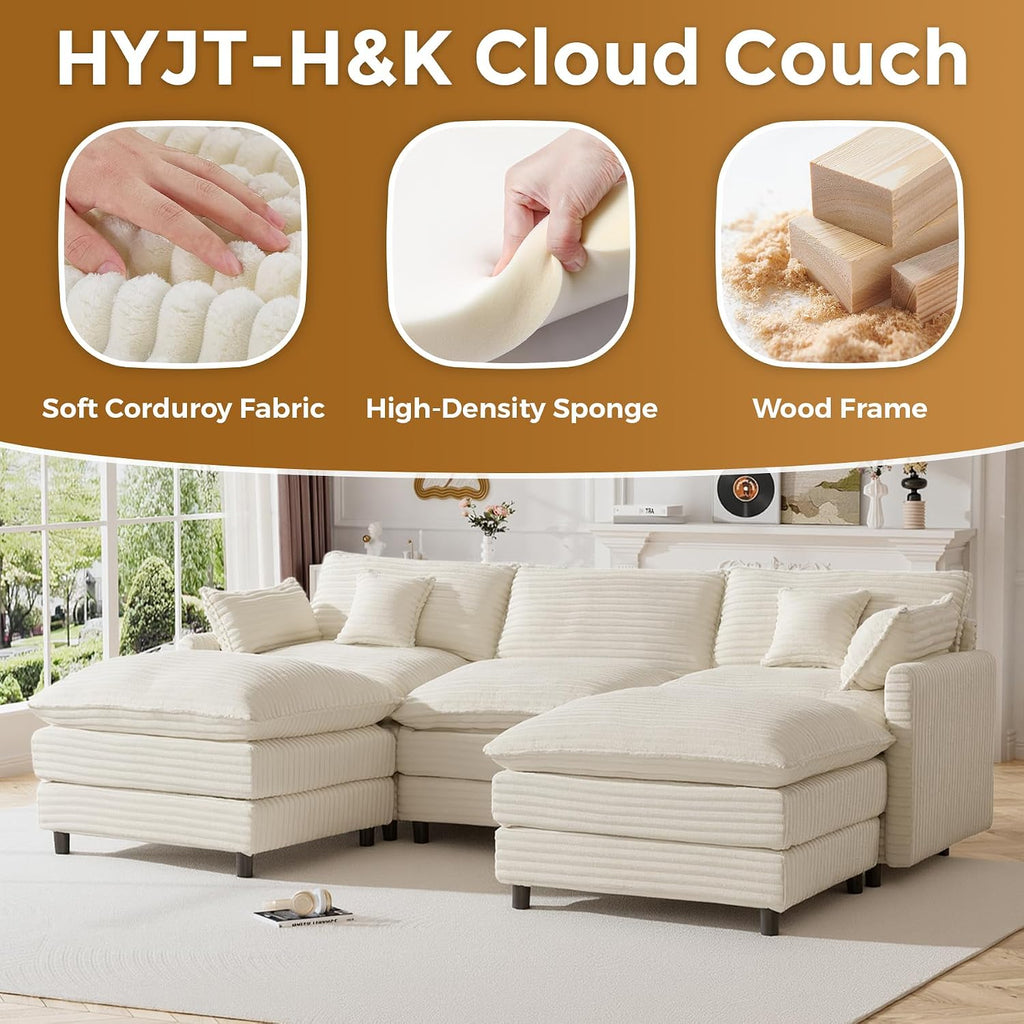 HYJT-H&K 108' U Shaped Cloud Couch Modular White Sectional Couches for Living Room, Comfy Fluffy Corduroy Oversized Cloud Sectional Couch Large 5 Seat Sectionals Sofa Set, White