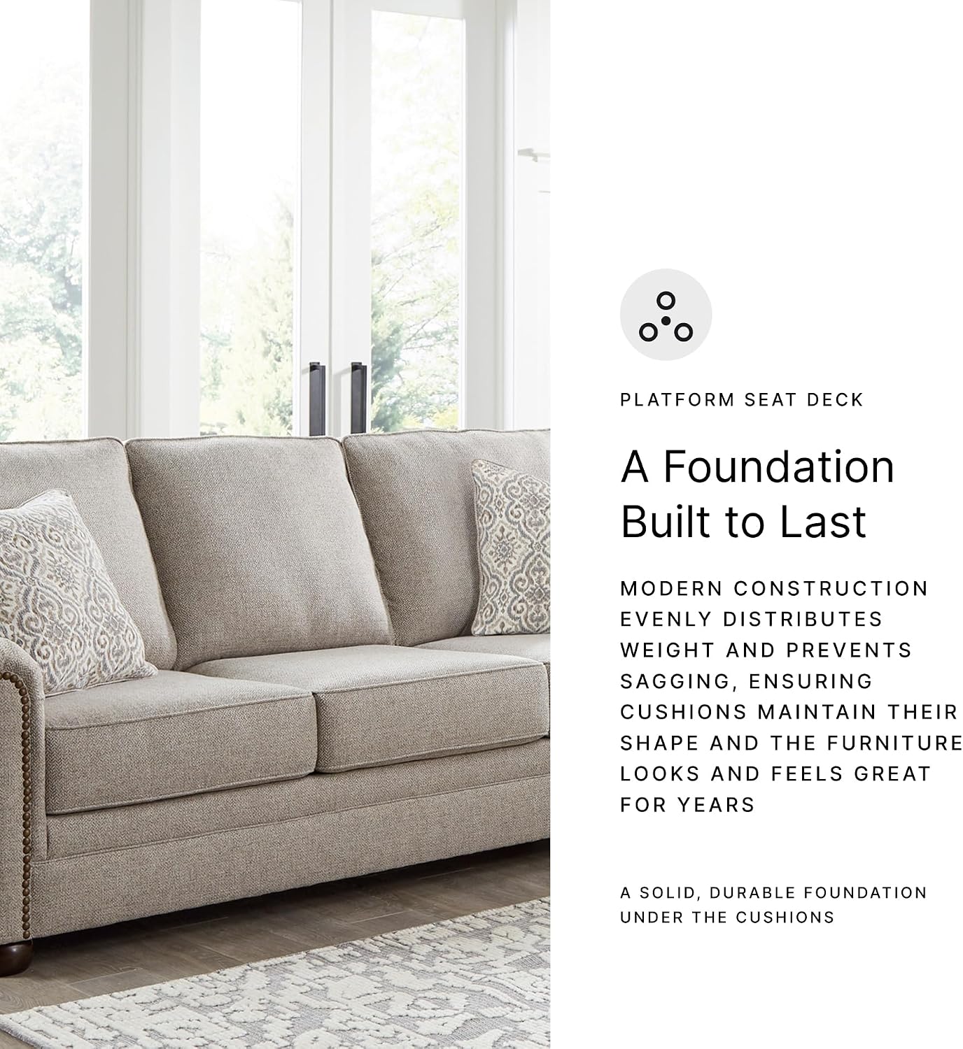 Signature Design by Ashley Gaelon Transitional Sofa with Nailheads and 2 Accent Pillows, Beige