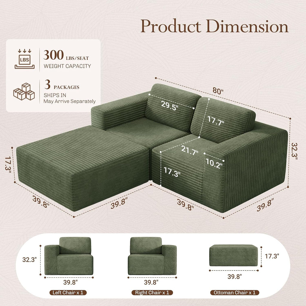 Vesgantti 80' Modular Sectional Sofa, Corduroy Cloud Couch with Deep Seats & Spring Support, Compact 2 Seater Boneless Couch, L-Shaped Modular Sofa for Small Spaces, Apartments, No Assembly, Green