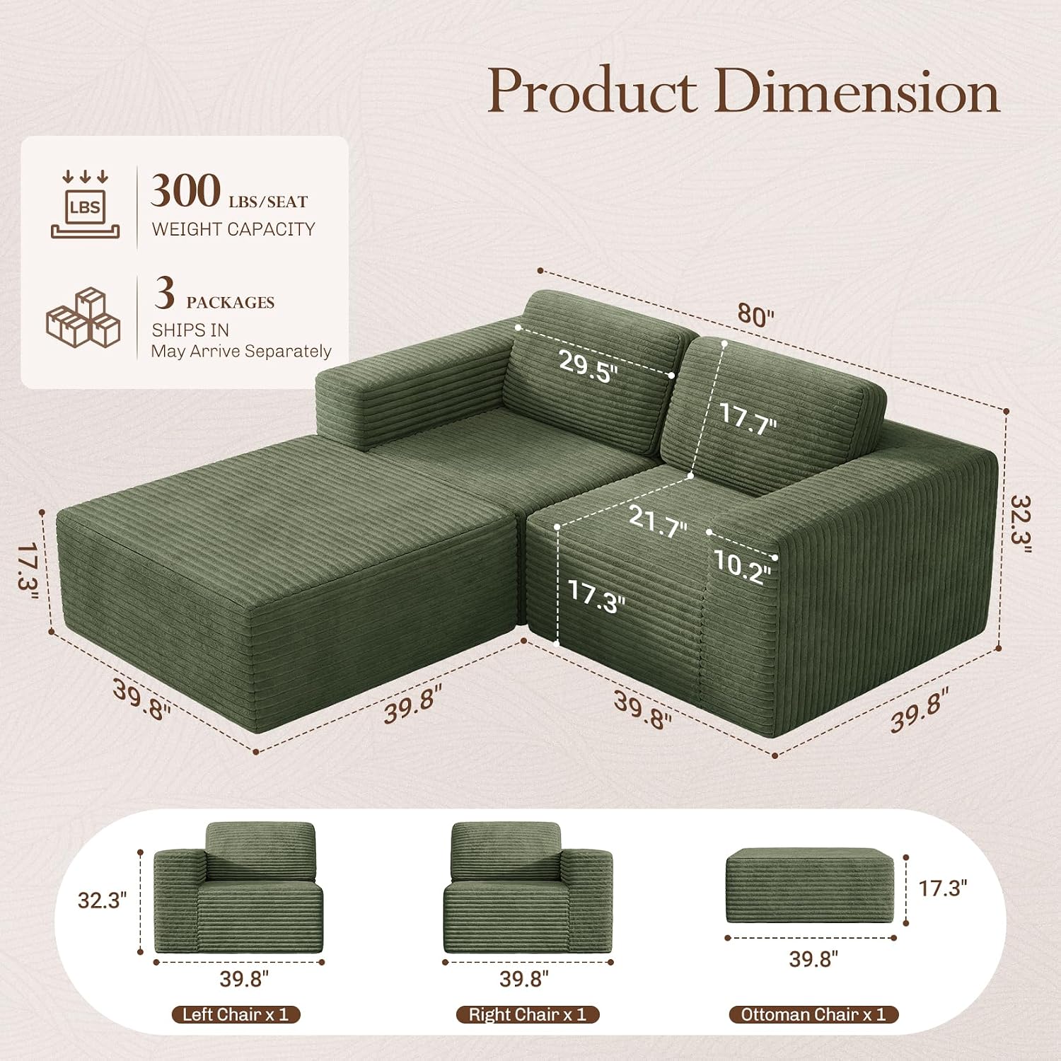 Vesgantti 80' Modular Sectional Sofa, Corduroy Cloud Couch with Deep Seats & Spring Support, Compact 2 Seater Boneless Couch, L-Shaped Modular Sofa for Small Spaces, Apartments, No Assembly, Green