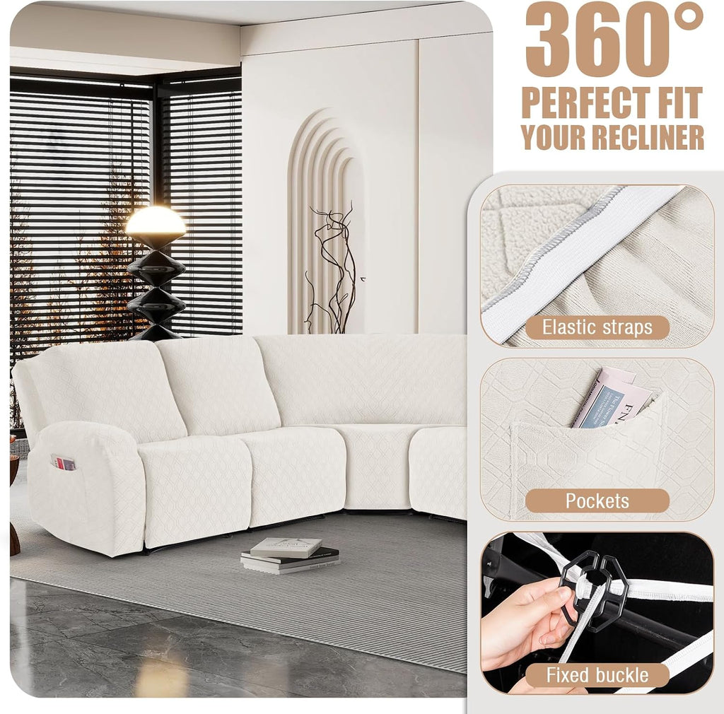 VANSOFY Extra Large Reclining Sectional Couch Covers, Washable 5-Piece Sofa Covers for L Shape Sectional Sofa Corner Seater, Thick, Soft Sofa Slipcovers (5 Seat Recliner Cover, Off White)