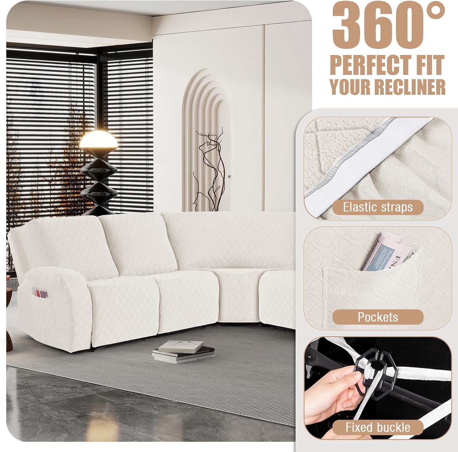 VANSOFY Extra Large Reclining Sectional Couch Covers, Washable 5-Piece Sofa Covers for L Shape Sectional Sofa Corner Seater, Thick, Soft Sofa Slipcovers (5 Seat Recliner Cover, Off White)