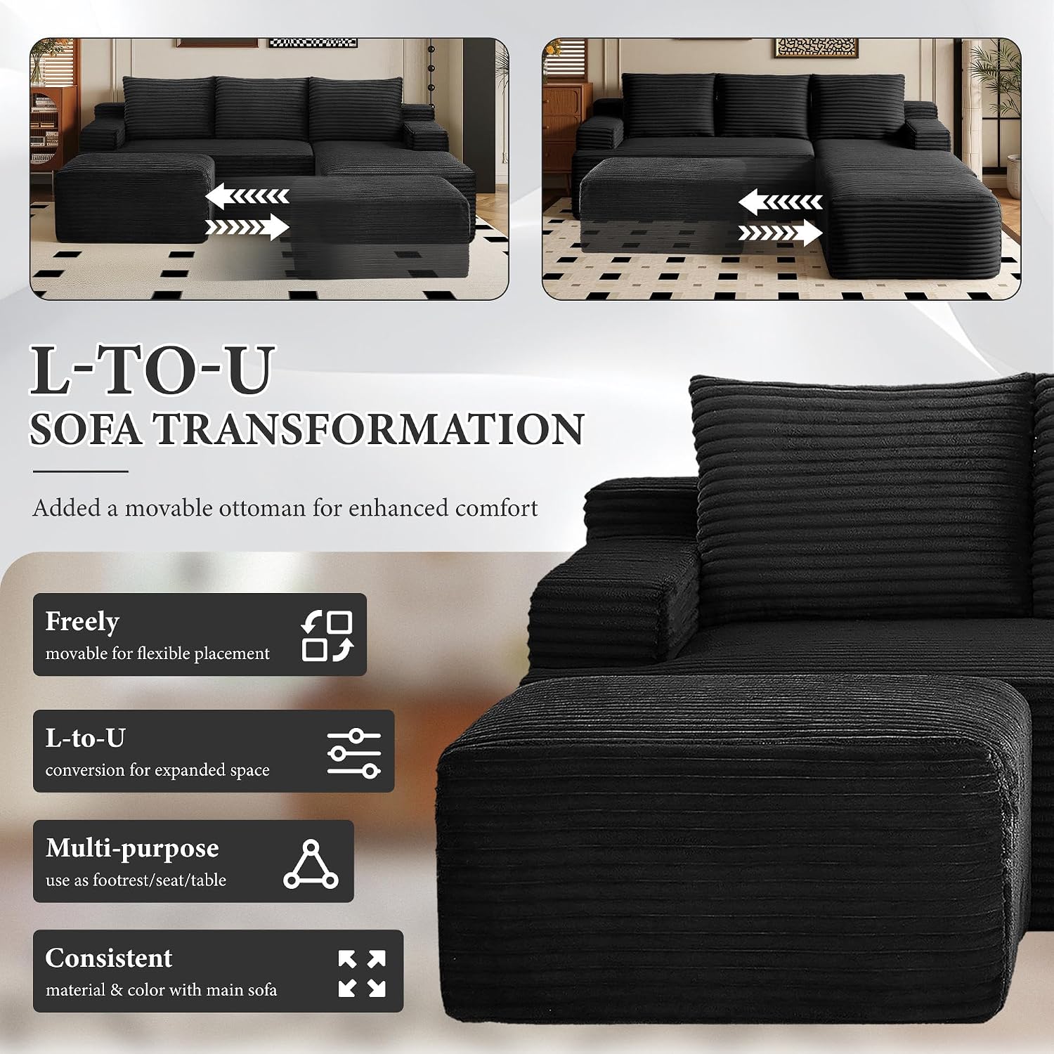 96''Sectional Couches for Living Room,Modern Modular Sectional Sofa,Upholstered Boneless Couch Comfy Cloud Couch with L Shaped Chaise (Black, 96''W Right Facing Chaise+Ottoman)