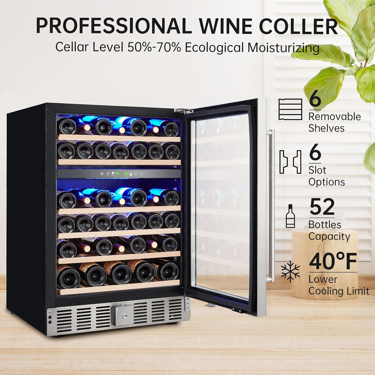 GarveeHome 24 in Dual Zone Wine Fridge Under Counter, 52 Bottle Wine Cooler Refrigerator with 40～64°F Digital Temperature Control, Safety Lock, All Wood Removable Shelves, Stainless Steel+Glass Door