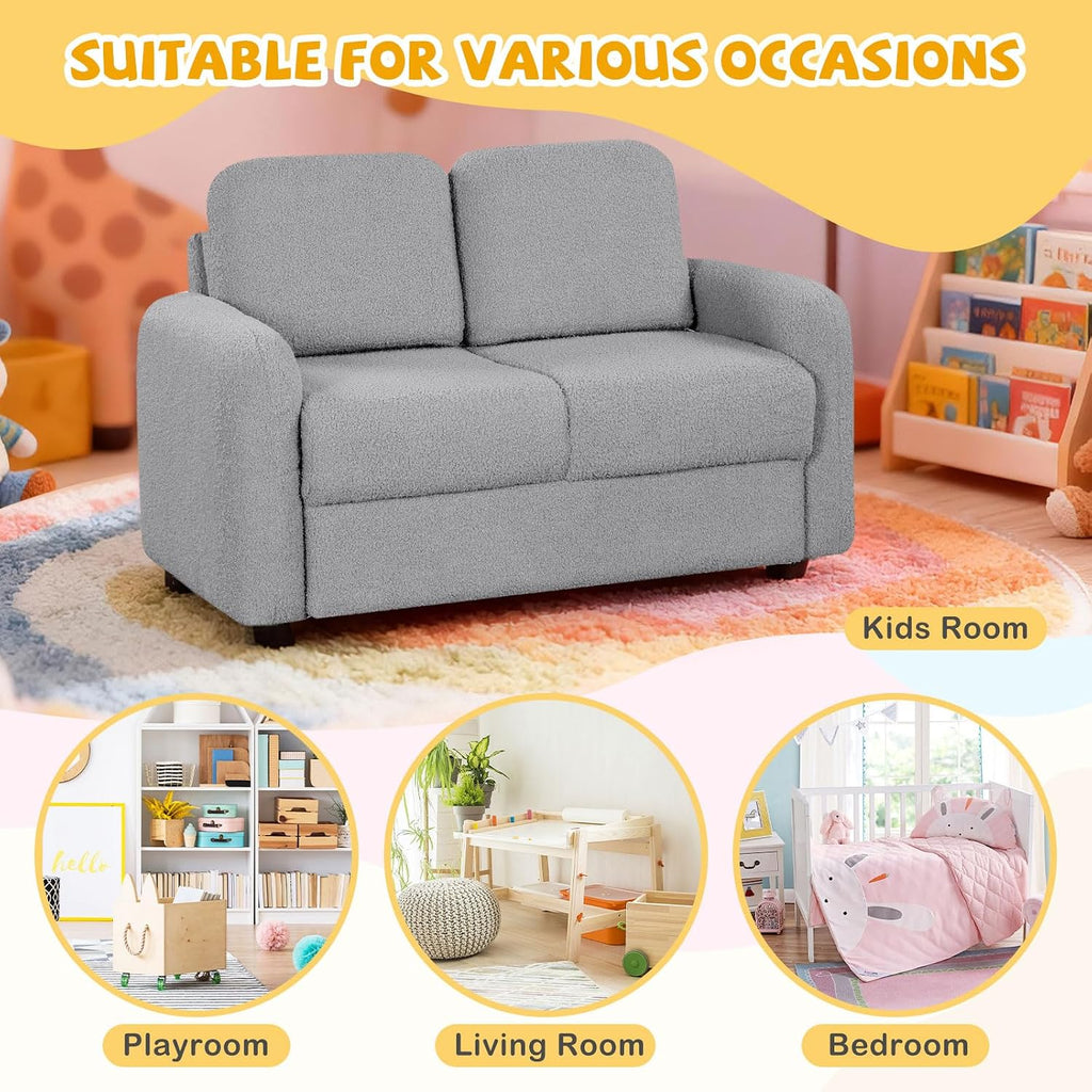 Costzon Kids Couch, 2 Seat Toddler Armrest Chair w/Teddy Fleece Upholstery & Solid Wooden Frame, Double Seat Children's Sofa for Preschool, Bedroom, Playroom, Daycare, Ideal Gift for Girls Boys