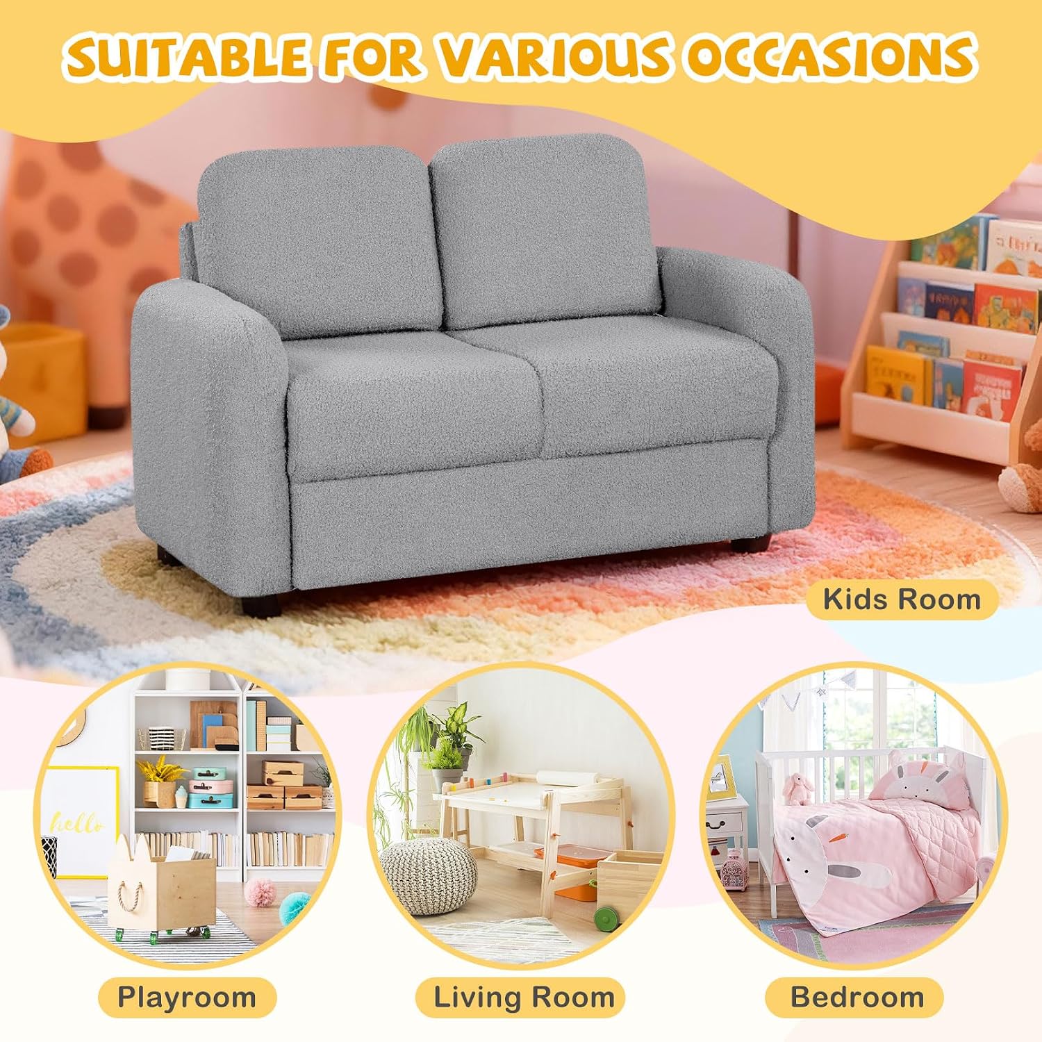 Costzon Kids Couch, 2 Seat Toddler Armrest Chair w/Teddy Fleece Upholstery & Solid Wooden Frame, Double Seat Children's Sofa for Preschool, Bedroom, Playroom, Daycare, Ideal Gift for Girls Boys