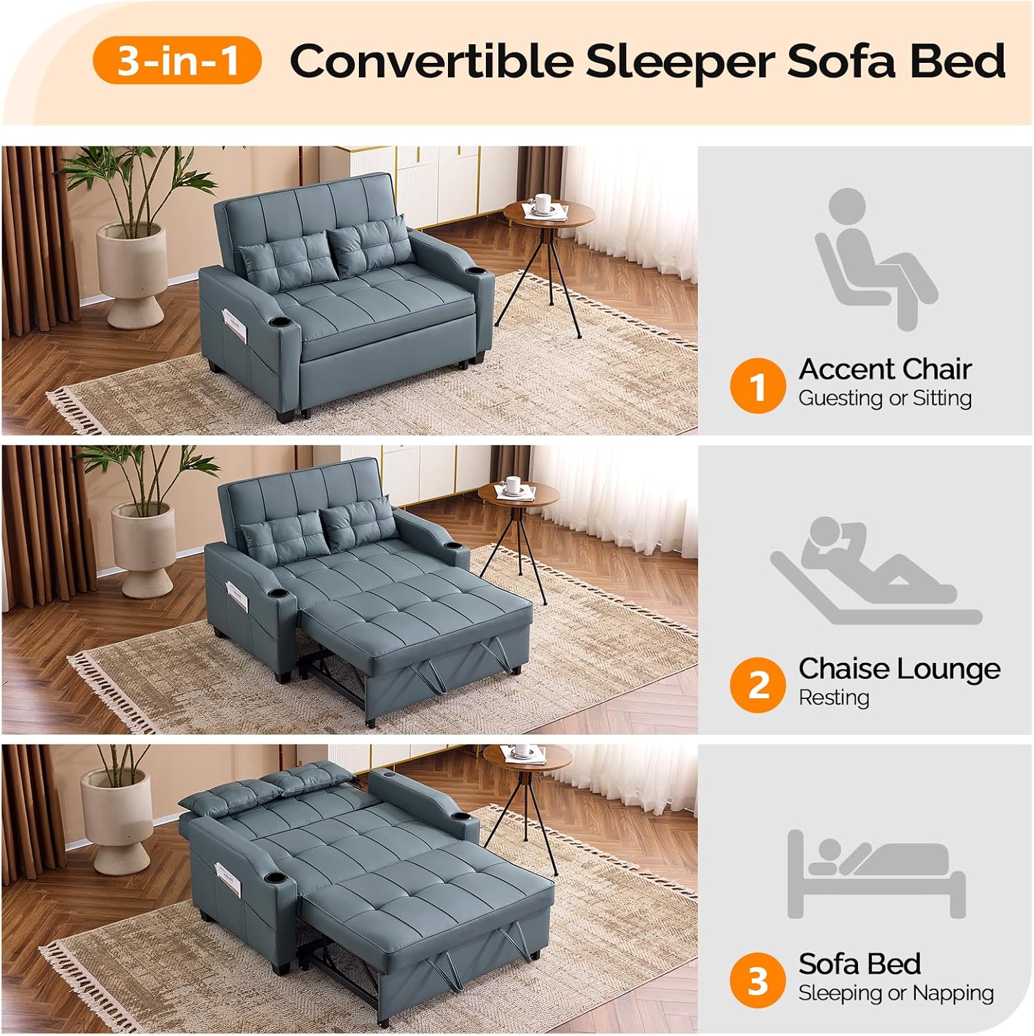 VINGLI Blue Grey Futon Sofa Bed Convertible Loveseat Sleeper Couch, Faux Leather Pullout Sofa Fold Out Couch Bed with USB Ports, Cup Holders, Armrest for Living Room, Bedroom Apartment Room