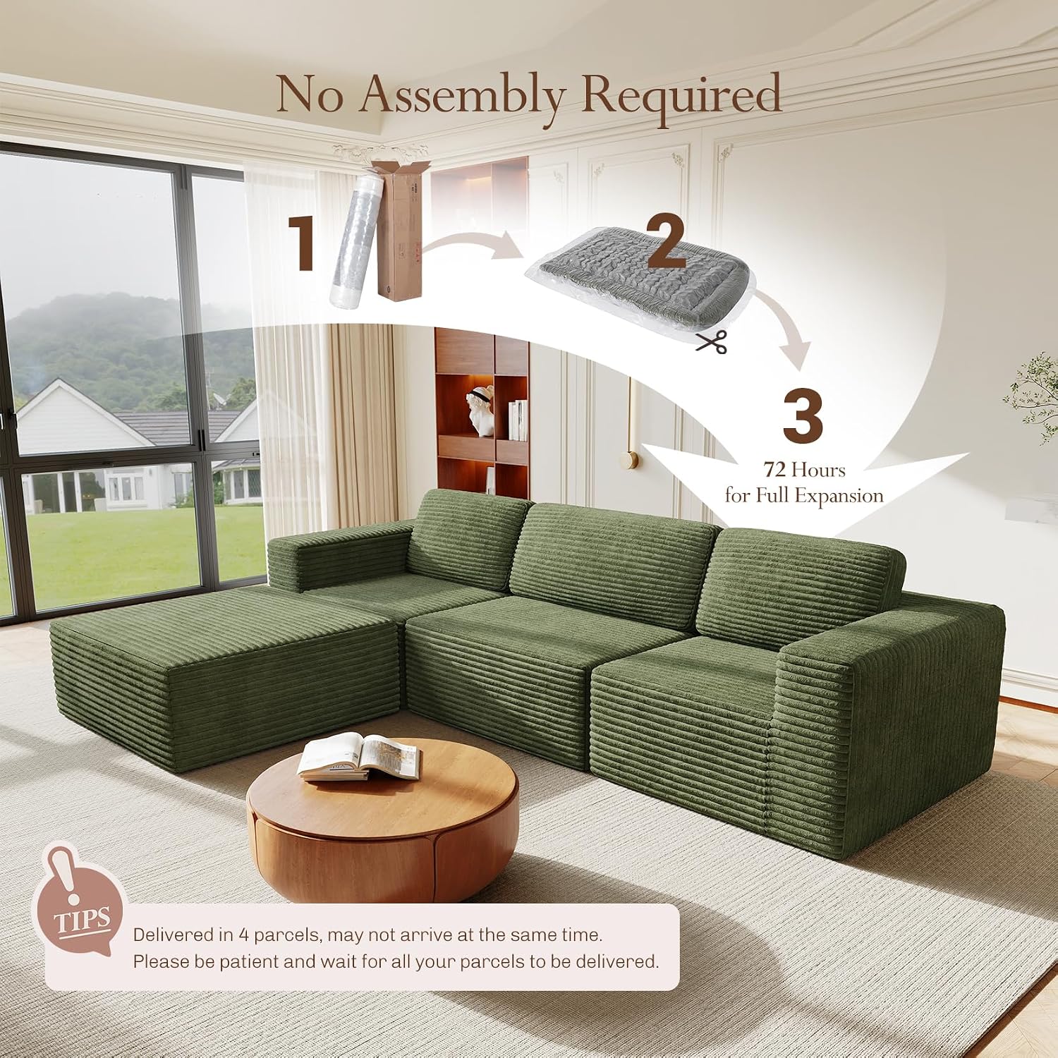 Vesgantti 119' L-Shaped Modular Sectional Sofa, Corduroy Cloud Couch with Deep Seating & Spring Support, Flexible Layout Sofa with Ottoman, Boneless Style, No Assembly Required, Green