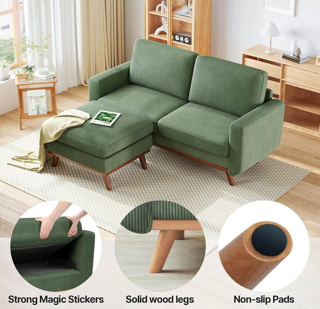 Vesgantti 68' Loveseat Sofa with Movable Ottoman, Comfy Corduroy Couch with Spring Cushion, Sofa Couch with Solid Wood, Modern Office Sofa with Deep Seat for Living Room and Bedroom, Green
