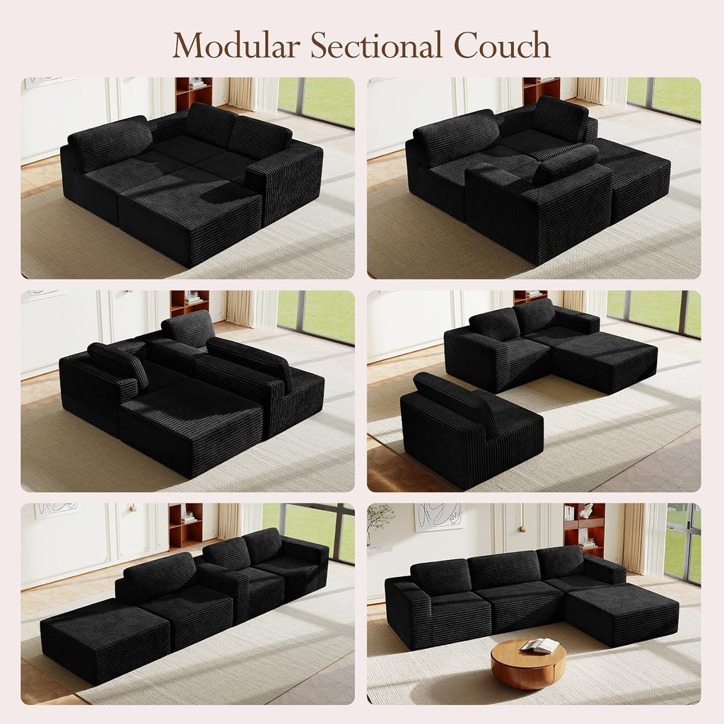 Vesgantti 119' L-Shaped Modular Sectional Sofa, Corduroy Cloud Couch with Deep Seating & Spring Support, Flexible Layout Sofa with Ottoman, Boneless Style, No Assembly Required, Black