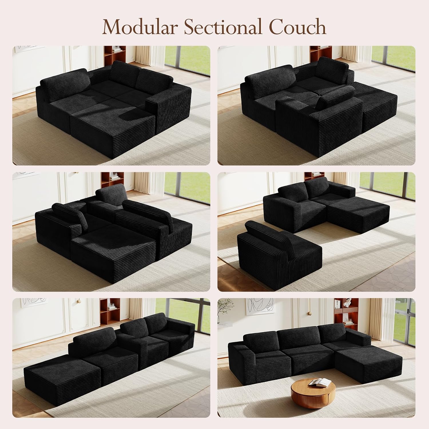 Vesgantti 119' L-Shaped Modular Sectional Sofa, Corduroy Cloud Couch with Deep Seating & Spring Support, Flexible Layout Sofa with Ottoman, Boneless Style, No Assembly Required, Black