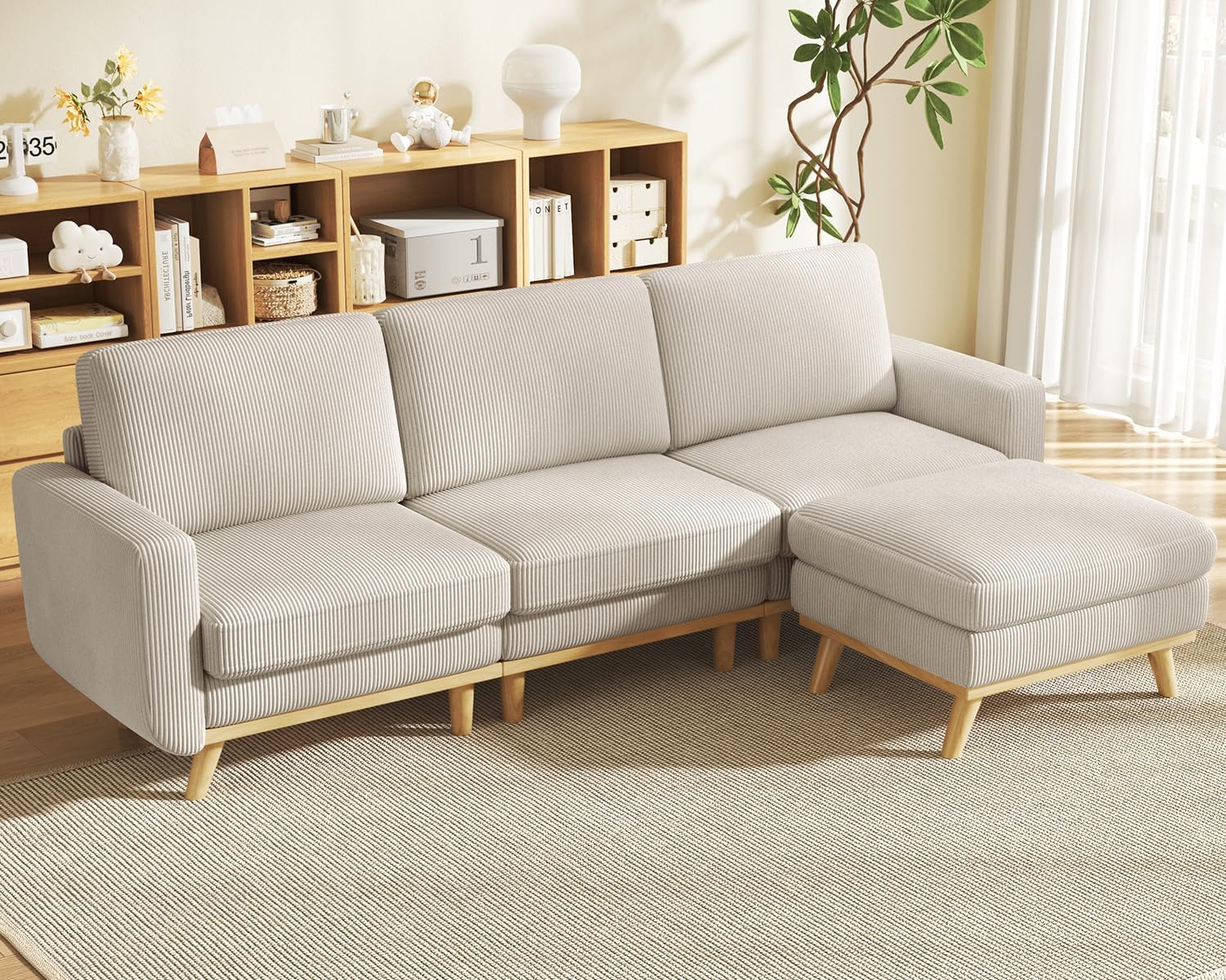 Vesgantti 97' Modular Sectional Sofa Light Gray, L-Shaped Couch with Movable Ottoman, Comfy Corduroy Couch with Spring Cushion, Modular Sofa with Deep Seat for Living Room, Bedroom and Apartment