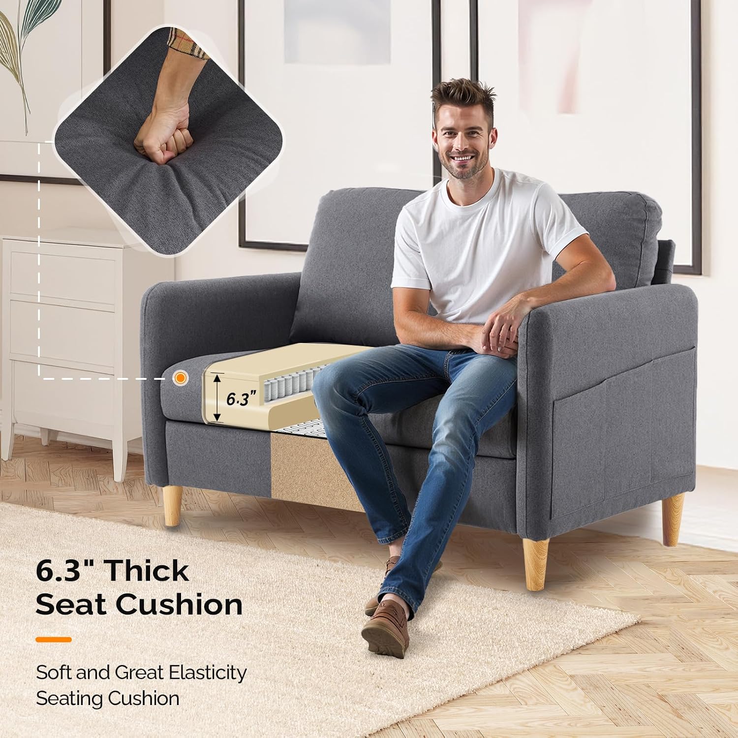 VINGLI 47' Small Couch, Dark Grey Linen Loveseat Sofa Mini Couch Mid Century Modern Decor Love Seat for Small Spaces Living Room, Bedroom, Play Room