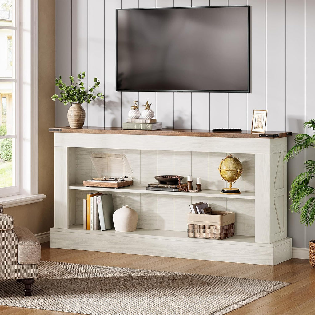 Tribesigns 63-Inch Long Console Table for Entryway, Narrow Long Entry Table with Shelves for Living Room, Farmhouse Sofa Console Behind Couch, for Foyer, Hallway, White and Brown