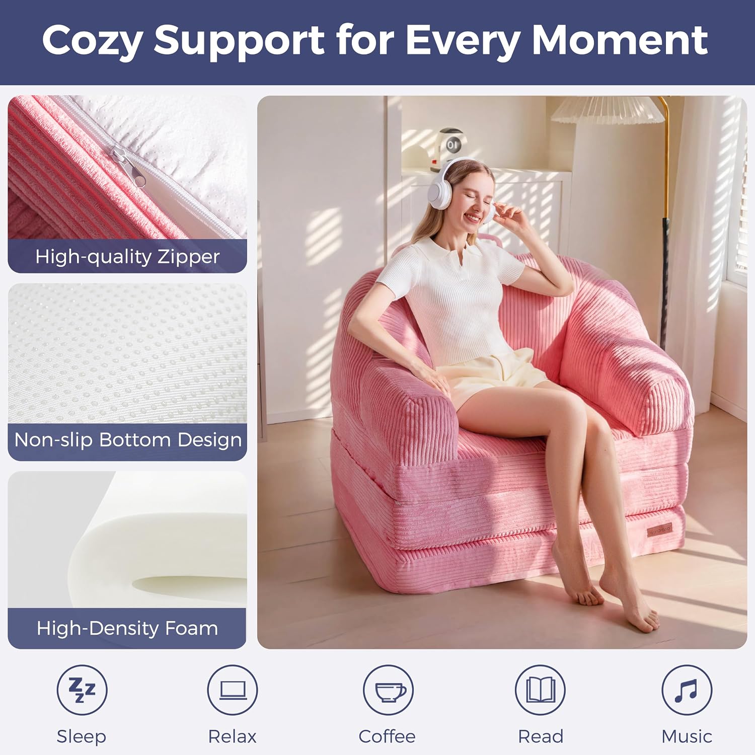 MAXYOYO Folding Sofa Bed with Backrest, Boneless Fold Out Couch Bed with Handle, 2 in 1 Convertible Bean Bag Chair to Floor Sofa Lounger, Comfy Folding Couch for Bedroom & Living Room, Pink