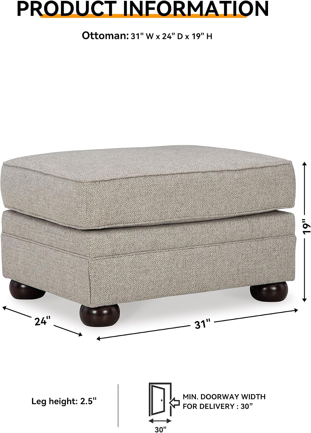 Signature Design by Ashley Gaelon Transitional Rectangular Upholstered Ottoman with Bun Legs, Light Brown