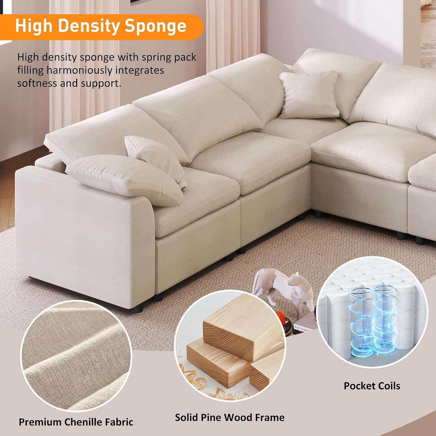 124.8' W Large Modular Sectional Sofa L Shaped Modern Couch with Ottoman, Deep Seat and Wide Chaise for Living Room, Beige