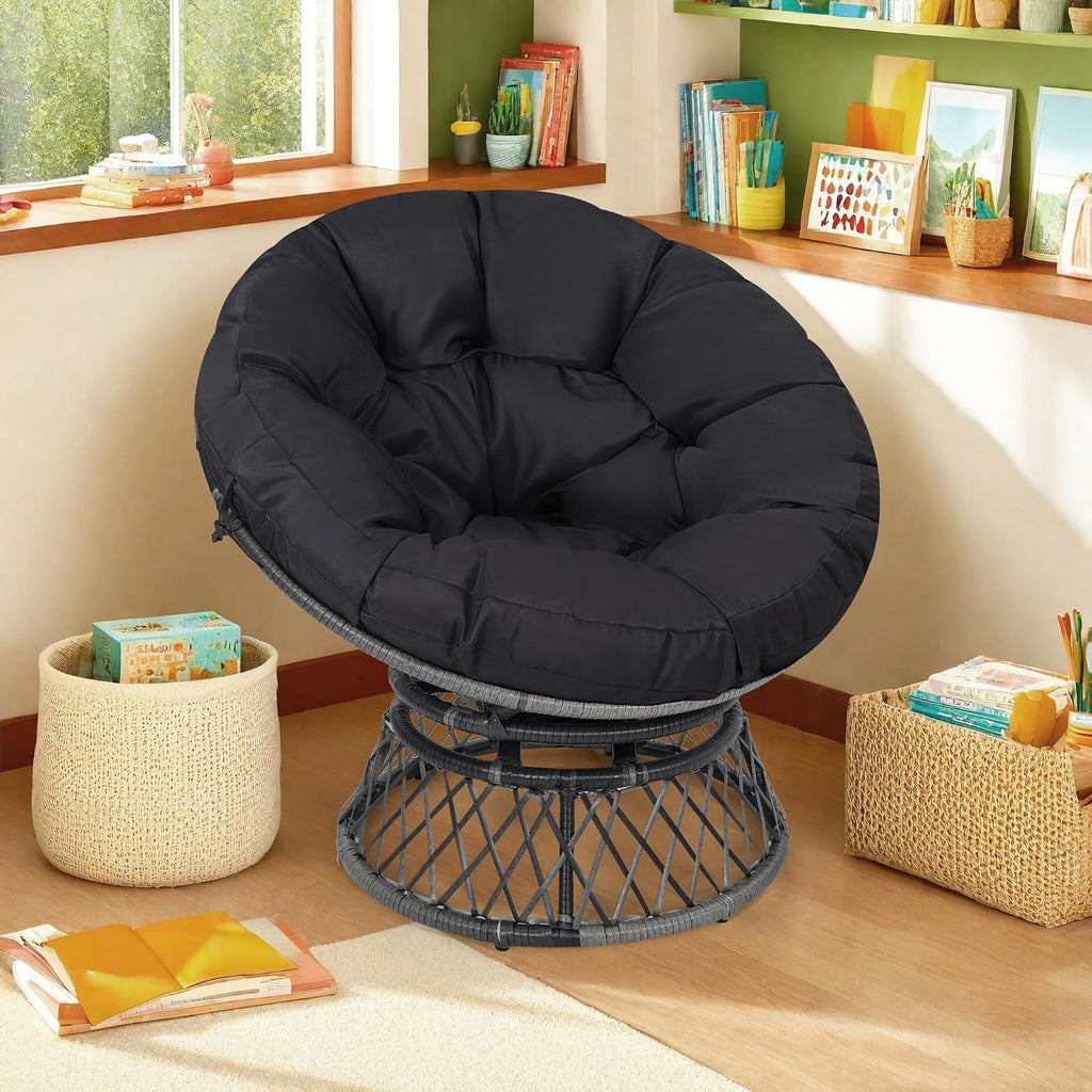 KROFEM 40' Ergonomic Wicker Papasan Chair, 360° Swivel Indoor Outdoor Rattan Chair with Soft Thick Cushion, Ideal for Living Room, Bedroom, Reading Room, Grey Frame with Black Cushion