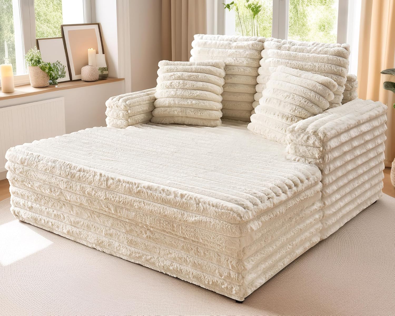 VanAcc 58 Inch Chaise Lounge Indoor, Plush Sleeper Chair with Throw Pillows, Upholstered Sofa Bed with Armrests, Plush Chair Bed for Living Room(Creamy White)