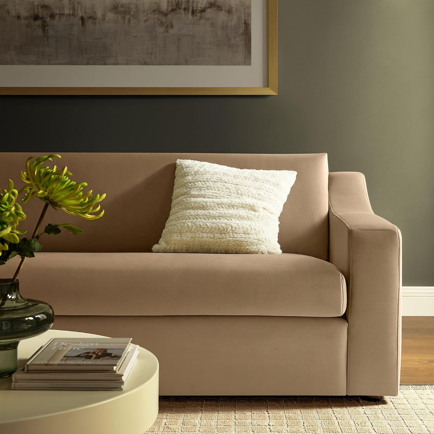 Modway Liora 87 Inch Stain-Resistant Performance Velvet Sofa in Taupe