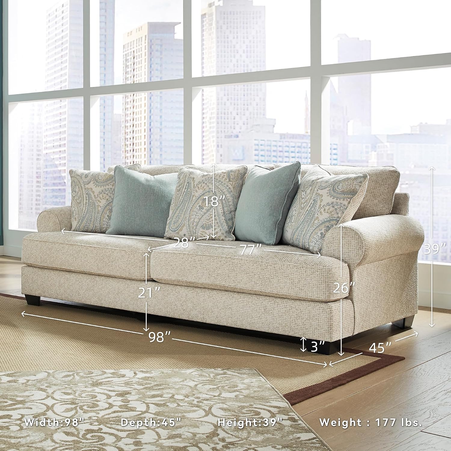 Signature Design by Ashley Monaghan Vintage Sofa with Accent Pillows, Reversible Cushions and Rolled Arms, Beige