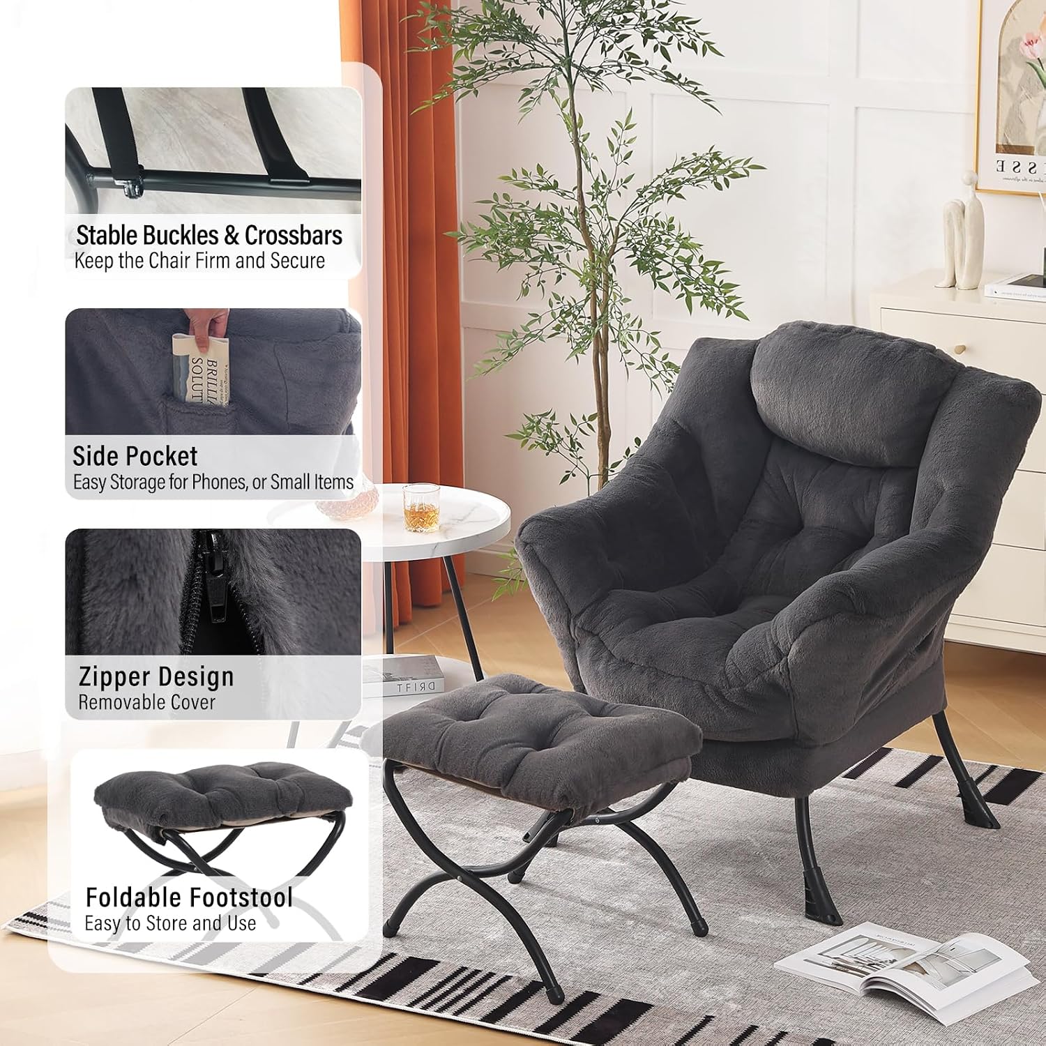 Furlide Lazy Chair with Ottoman, Modern Accent Chair with Armrests and a Side Pocket, Plush Navy Accent Chairs, Reading Chairs, Oversized Armchairs for Bedroom, Study, Living Room, Courtyard