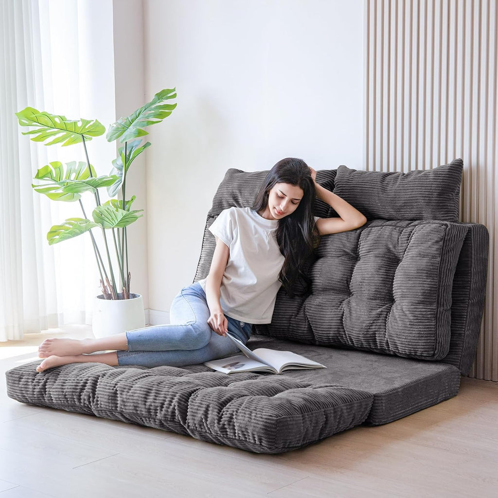 MAXYOYO Folding Sofa Bed, Tufted Bean Bag Bed with Pillows Floor Mattress for Adults, Extra Thick and Long Floor Sofa, Full Couch for Bedroom Living Room, Dark Grey, 54x91 Inch