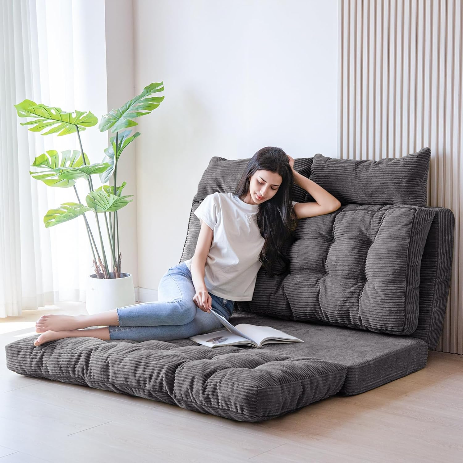 MAXYOYO Folding Sofa Bed, Tufted Bean Bag Bed with Pillows Floor Mattress for Adults, Extra Thick and Long Floor Sofa, Full Couch for Bedroom Living Room, Dark Grey, 54x91 Inch
